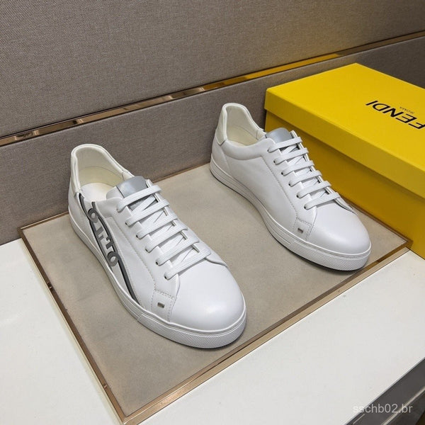 FENDI2024 novos sapatos masculinos moda branca sapatilha nova primavera couro genuíno sapatos casuais Alta versão anti-d